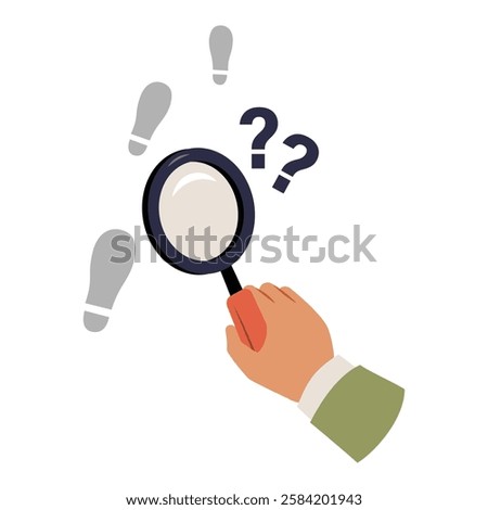 Magnifying Glass Inspecting Footsteps In Flat Vector Illustration Symbolizing Investigation, Mystery Solving, And Crime Analysis, Isolated On White Background.