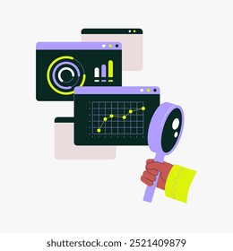 Magnifying glass inspects data charts and graphs displayed on multiple windows, symbolizing data analysis, business insights, and review. Isolated flat vector illustration for analytical concepts.