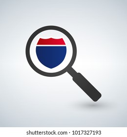 Magnifying glass and interstate sign in flat style on a white background.