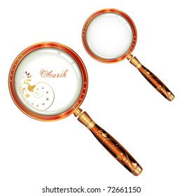 Magnifying glass isolated and butterfly over white background, vector object