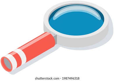 Magnifying glass isolated on white background. Optical device designed to visually enlarge images, objects and small details. Magnifier with long handle and lens. Optical system, magnifying glass