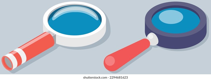 Magnifying glass isolated on white background. Optical device loupe designed to visually enlarge images, objects and small details. Magnifier with long handle and lens. Optical system, search symbol