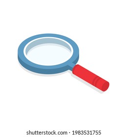 Magnifying glass in isometric style. 3D magnifier search element with red handle. Loupe icon. Detective symbol. Vector isolated on white