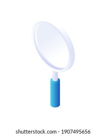 Magnifying glass isometric vector. Optical white enlargement text and small objects. Investigation detective with search necessary details. . Exploration marketing analysis information and banking.