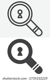 Magnifying glass with keyhole icon set in different style. Line, outline and solid icon versions, editable stroke vector sign and symbol. Search icon for security.