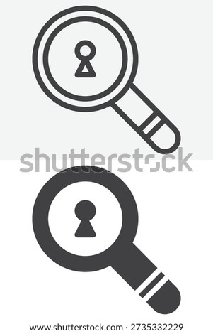 Magnifying glass with keyhole icon set in different style. Line, outline and solid icon versions, editable stroke vector sign and symbol. Search icon for security.