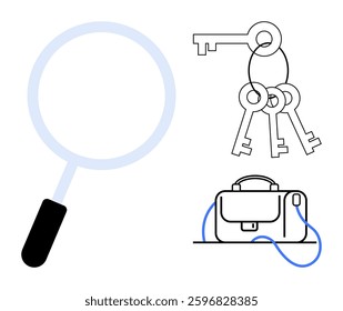 Magnifying glass, keyring with keys, and briefcase. Ideal for security, search, investigation, business tools, office work, detective themes, and data protection. Line metaphor