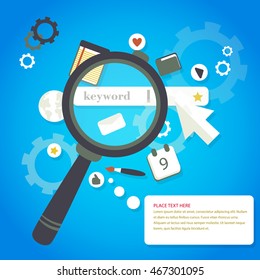 Magnifying glass keyword search engine optimization icons concept