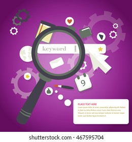 Magnifying glass keyword search engine optimization icons concept