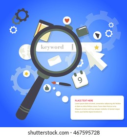 Magnifying glass keyword search engine optimization icons concept