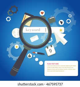 Magnifying glass keyword search engine optimization icons concept