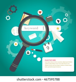 Magnifying glass keyword search engine optimization icons concept