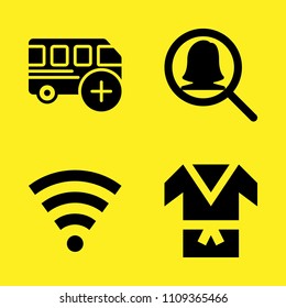 magnifying glass, kimono, wifi and bus vector icon set. Sample icons set for web and graphic design