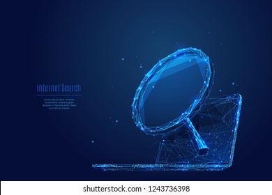 A Magnifying Glass Laptop Background. Low Poly Wireframe Vector Polygonal Illustration. Isolated Computer And Internet Analytics.  Business And Search Concept Technology And Science.