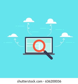 The Magnifying Glass with laptop of many clouds computing on blue blackground vector illustration