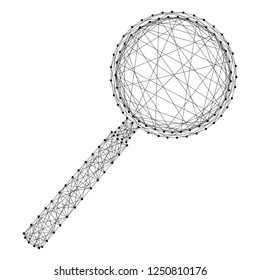 Magnifying glass lens from abstract futuristic polygonal black lines and dots. Vector illustration.