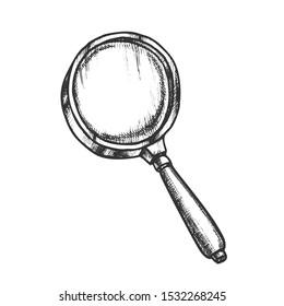 Magnifying Glass Lens Equipment Monochrome Vector. Magnifying Optical Instrument. Magnifier Tool Engraving Concept Template Hand Drawn In Vintage Style Black And White Illustration