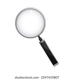Magnifying glass with lens and metal handle on a white background for examining fine details. Vector illustration.
