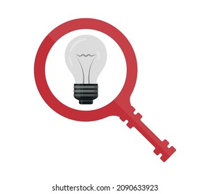 magnifying glass and light bulb. Concept of creativity, innovation, science, invention, insight, search.
