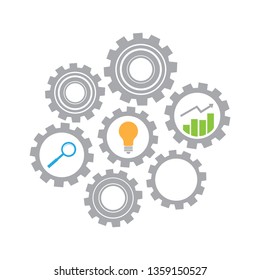 magnifying glass , light bulb, financial charts inside gears