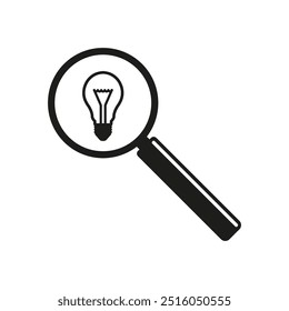 Magnifying glass with light bulb icon. The concept of idea search. Vector. Flat design.