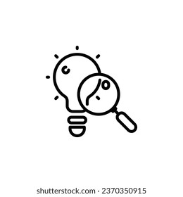 Magnifying glass with light bulb outline icon. Vector illustration. The isolated icon suits the web, infographics, interfaces, and apps.