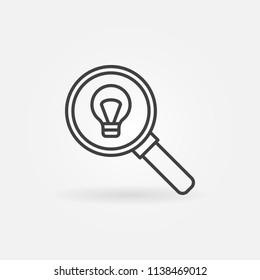 Magnifying glass with light bulb vector concept icon or symbol in thin line style