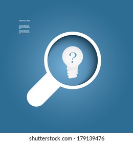 Magnifying glass and light bulb vector icon with question mark, searching ideas concept. Eps10 vector illustration