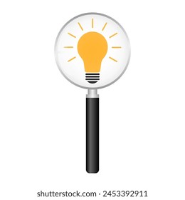 Magnifying Glass with Lightbulb.  Brainstorm, Creativity and Thinking Idea Concept. Vector Illustration. 