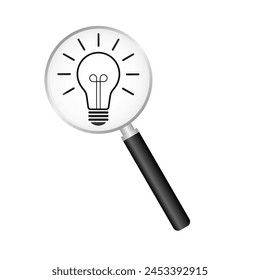 Magnifying Glass with Lightbulb.  Brainstorm, Creativity and Thinking Idea Concept. Vector Illustration. 