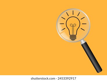 Magnifying Glass with Lightbulb.  Brainstorm, Creativity and Thinking Idea Concept. Vector Illustration. 