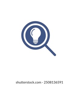 Magnifying glass with lightbulb icon. A magnifying glass with a light bulb inside, symbolizing the search for ideas and innovation.
