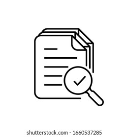 Magnifying Glass Like Check Assess. Scrutiny Plan, Verify Service Critique Process And Annual Examination Concept. Audit Icon Vector Line Style Graphic Design Quality Sign Or Success Proven