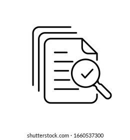 Magnifying Glass Like Check Assess. Scrutiny Plan, Verify Service Critique Process And Annual Examination Concept. Audit Icon Vector Line Style Graphic Design Quality Sign Or Success Proven