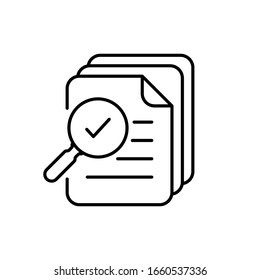 Magnifying Glass Like Check Assess. Scrutiny Plan, Verify Service Critique Process And Annual Examination Concept. Audit Icon Vector Line Style Graphic Design Quality Sign Or Success Proven