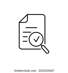 Magnifying Glass Like Check Assess. Scrutiny Plan, Verify Service Critique Process And Annual Examination Concept. Audit Icon Vector Line Style Graphic Design Quality Sign Or Success Proven