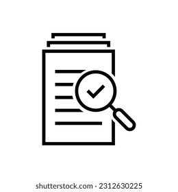 magnifying glass like check assess. scrutiny plan, verify service critique process and annual examination concept. flat style logotype graphic design quality sign or success proven on white background