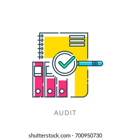 Magnifying Glass Like Check Assess. Scrutiny Plan, Verify Service Critique Process And Annual Examination Concept. Flat Style Logotype Graphic Design Quality Sign Or Success Proven On White Background