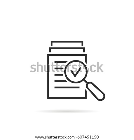magnifying glass like check assess. scrutiny plan, verify service critique process and annual examination concept. flat style logotype graphic design quality sign or success proven on white background