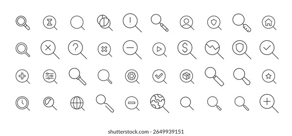 Magnifying Glass Line Icon Bundle. Outline Signs for Graphic and Web Design, Apps, Adverts, Various Cards 