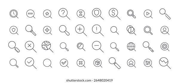 Magnifying Glass Line Icon Collection. Outline Signs for Graphic and Web Design, Apps, Adverts, Various Cards 