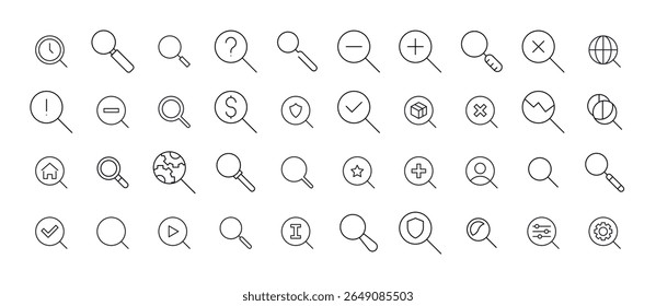 Pacote de ícone de linha de lupa. Outline Signs para Gráficos e Web Design, Apps, Anúncios, Vários Cartões 