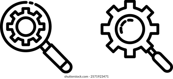 "Magnifying Glass with Linear Gear Icon Representing Detailed Search, Technical Inspection, and Process Optimization for Problem Solving, Innovation, and Efficiency Improvement"