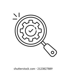 magnifying glass with linear gear like optimization. flat stroke trend modern cog wheel logotype graphic design isolated on white background. concept of detail diagnose symbol or sufficient assessment