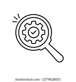 magnifying glass with linear gear like optimization. flat stroke trend modern cog wheel logotype graphic design isolated on white background. concept of detail diagnose symbol or sufficient assessment