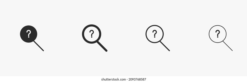 Magnifying glass linear icon set with a question mark in the middle. A magnifying glass with a question sign is isolated on white background. Black support sign for web design and business. Vector