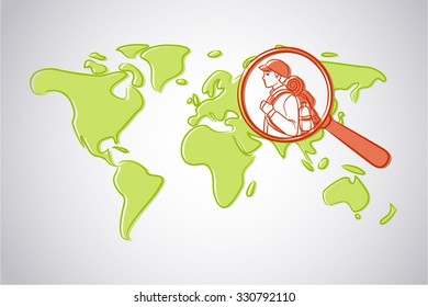 Magnifying glass located on a map the location of a backpacker in drawing