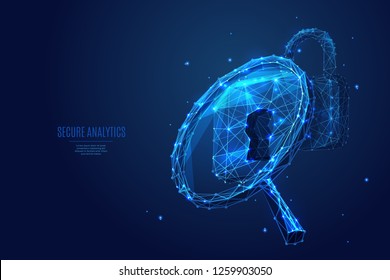 Magnifying glass and lock. Analytics concept. Vector low poly wireframe in the form of starry sky or space, consisting of points, lines, and shapes in the form of stars. Polygonal digital abstract 