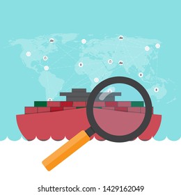 Magnifying glass with Logistics and transportation of Container Cargo ship and Cargo truck logistic import export and transport industry on world map background