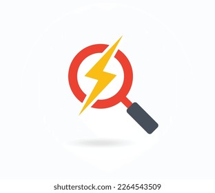 Magnifying glass logo with lightning in the middle. Lightning Logo with magnifying glass icon vector